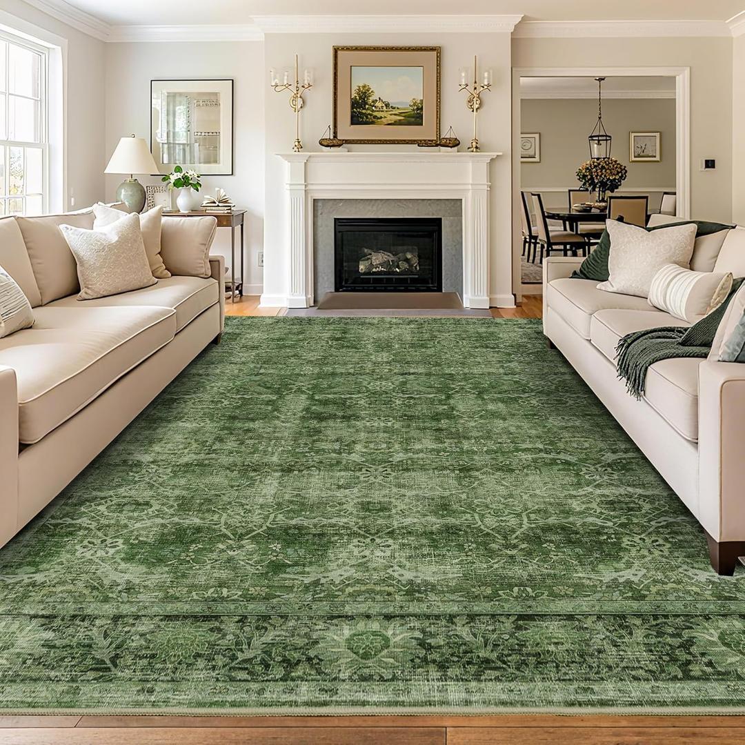 8x10 Washable Area Rug Vintage Green Rug for Living Room Bedroom Low Pile Soft Non-Slip Boho Rug for Under Table Boho Distressed Retro Carpet for Bedroom Kitchen Office Dining