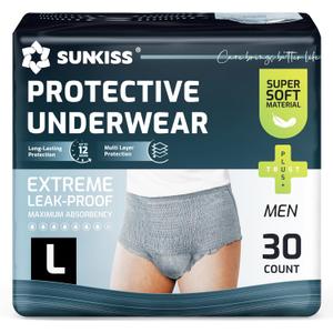 SUNKISS Incontinence Underwear for Men,Daytime Disposable Adult Pull Ups, Mens Protective Briefs with Maximum Absorbency, Large, Grey, 30 Count