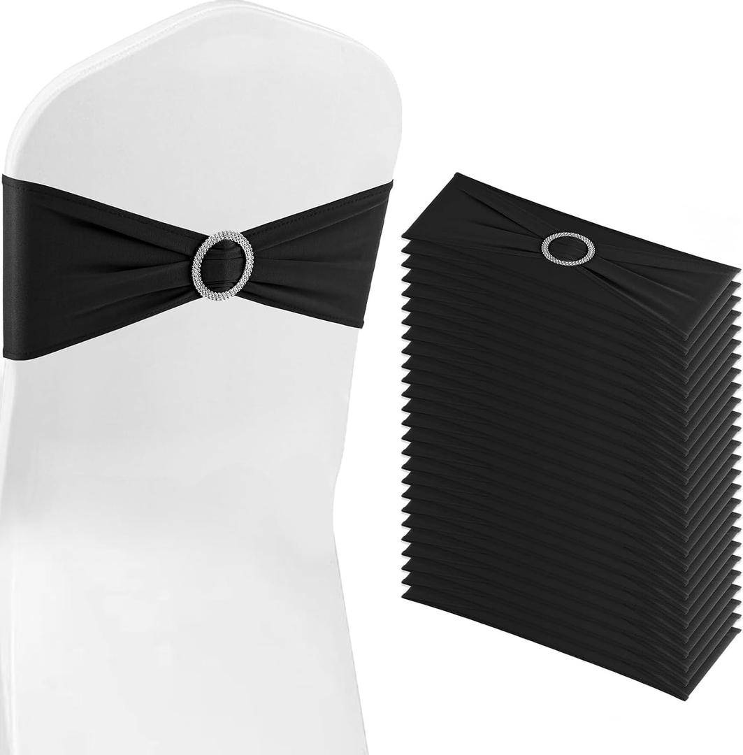 Black Chair Sashes 50 Pack Spandex Stretch Chair Band Sashes with Buckles for Folding Chairs Wedding Party Reception Baby Shower Events Banquet Decorations