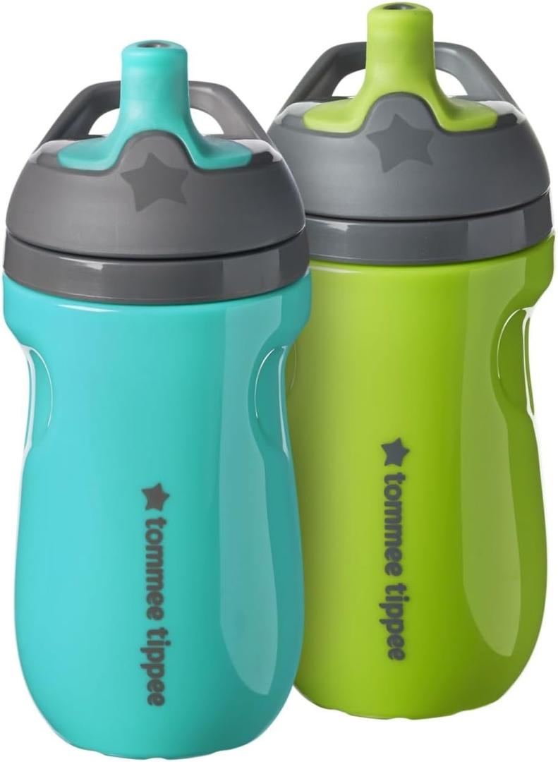 Tommee Tippee Insulated Sportee Bottle, for 12m+, 9oz, Pack of 2 Non-Spill Toddler Water Bottles, Green and Teal, with Two-Piece Valve to Help Stop Spills, Bite-Resistant Spout and Easy-Hold Handle