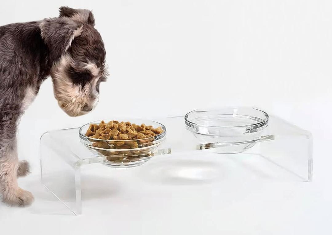 Acrylic Elevated Dog Cat Bowls Pet Feeder Double Bowl Raised Stand Comes with 2 Removable Glass Bowls and 2 Stainless Steel Bowls.Perfect for Cats Puppies Small Dogs (Small: 3.75'' Height, 13.7 oz Glass Bowl)