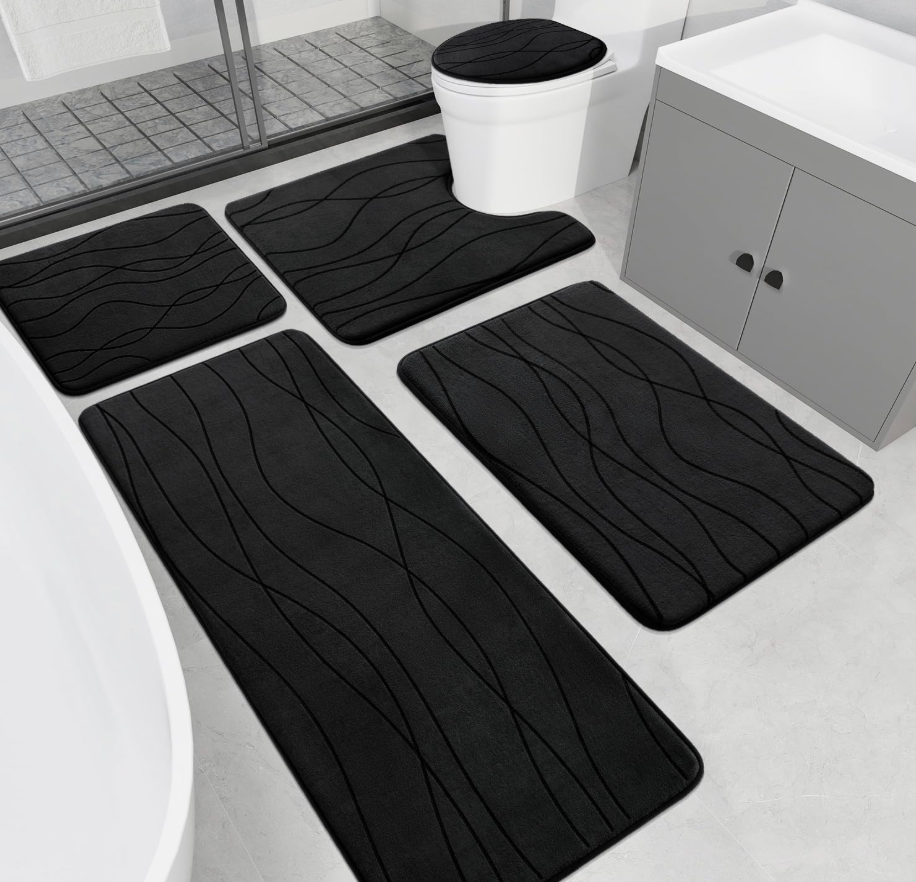 YIHOUSE Memory Foam Black Bathroom Rug Sets 5 Piece, Ultra Absorbent Bath Mat for Bathroom  NonSlip Machine Washable & Dry Quickly, 5 Piece Bathroom Mat Set, Black