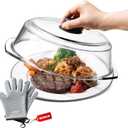 Glass Microwave Splatter Cover for Food Plates & Cookware with Oven Mitts, Borosilicate Glass Splatter Lid Guard with Vent Hole & Easy Grip Silicone Handle, 100% BPA Free & Dishwasher Safe