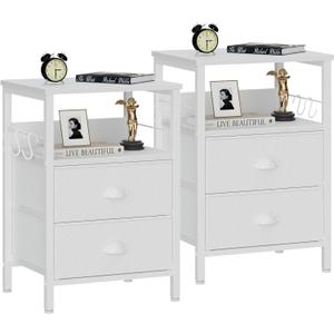 Furologee Nightstands Set of 2, End Table with 2 Fabric Drawers, Night Stand with 2 Hooks, Open Wood Shelf Bedside Table for Bedroom/Living Room/White