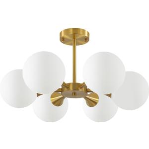 KCO Lighting Brushed Gold Sputnik Flush Mount Ceiling Light Mid Century Modern Overhead Ceiling Light 6-Lights Milk Glass Globe Semi Flush Mount Ceiling Light Fixture