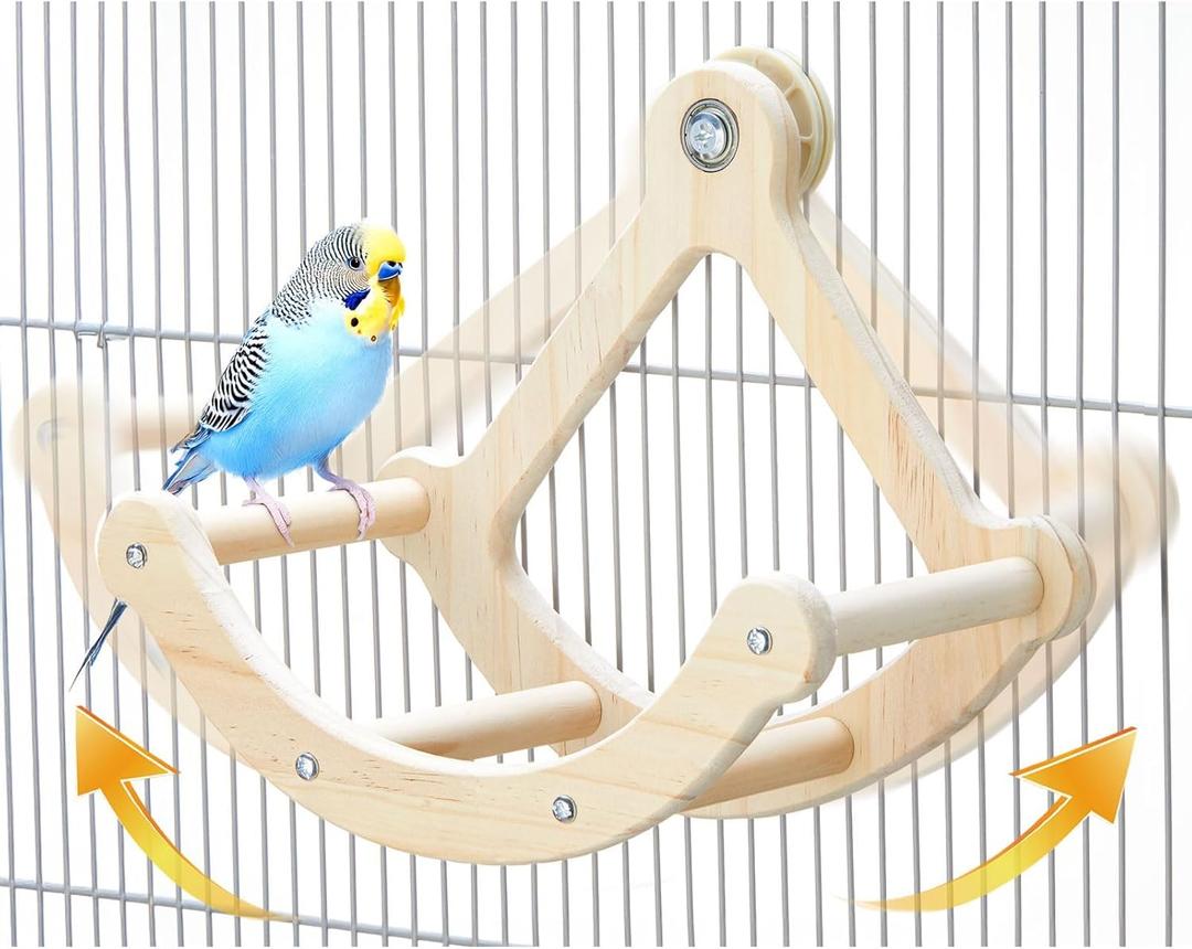 Bird Perch Toy, Interactive Rocking Parakeet Toys and Perches, Wooden Exercise Wheel Cockatiel Toys, Intelligence Puzzle Birds Enrichment Toy for Parrot, Bird Cage Accessories Perch for Budgies Conure