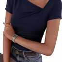 PRETTYGARDEN Women's 2026 Summer Asymmetrical Y2K Tops Trendy Ribbed Short Sleeve Fitted Tee Shirts Spring Fashion Clothing (X-Large, Navy Blue)