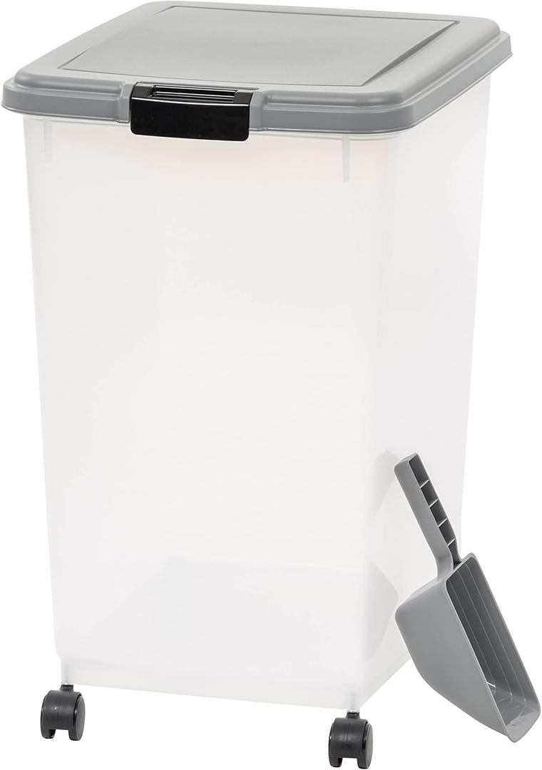 Amazon Basics Airtight Pet Food Storage Container with Scoop, BPA Free, Removable Wheels, 69 QT, Gray