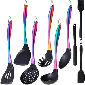Silicone Cooking Utensils Set, 9Pcs Kitchen Utensil Set with Stainless Steel Handle, Heat-Resistant Silicone Utensils for Cooking, Non-Stick Spatula Set with Spoons, Turners, Ladle (Rainbow)