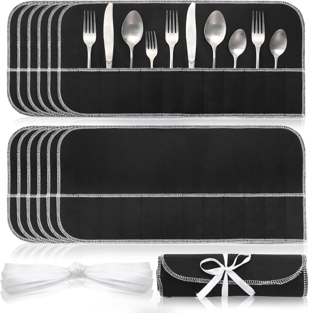 Tebery 12 Pcs Silver Storage Bags Anti Tarnish, Silverware Storage Cloth Roll with White Ribbon, 12 Slot Flatware Protector Organizer, Cutlery Sleeves Bags for Kitchen Utensil Teaspoon, Stiff Fabric