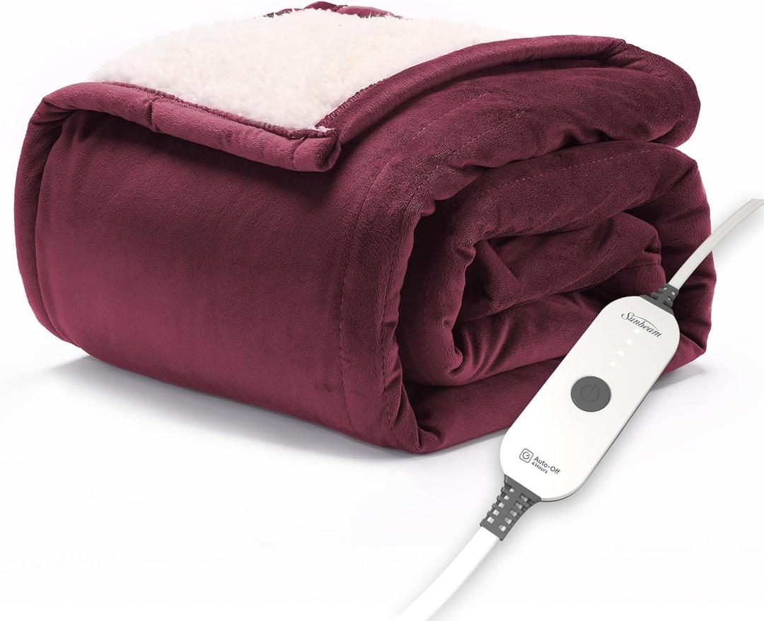 Sunbeam Electric Throw Royal Mink Sherpa Heated Blanket, 4 Heat Settings, 4-Hour Auto Shut-Off, Fast Heating, Luxurious and Ultra Comfy, Cabernet Color, 50x70 in