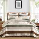 DJY Striped Quilt Set King Size, Boho Brown Green Striped Bedspread Coverlet Set Soft Microfiber Patchwork Quilt Bedding Set 3 Pieces for All Season (110"x90")