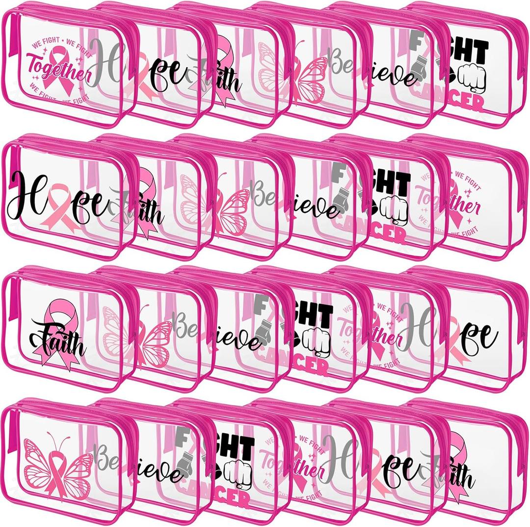 Frienda 24 Pcs Breast Cancer Awareness Makeup Bags Pink Ribbon Cosmetic Bags PVC Clear Breast Cancer Survivor Gifts Bulk Hope Faith Believe for Women Girls Charity Public and Social Event Supplies