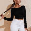 Verdusa Women's Crisscross Tied Backless Long Sleeve Tee T Shirt Top Black Medium