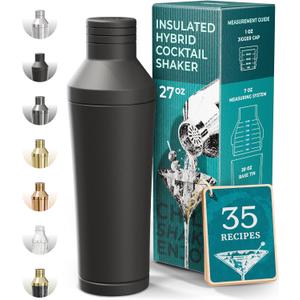 Insulated Cocktail Shaker Set | Double Wall Stainless Steel | Martini Shaker for Home Bar Bartending | Built-in Drink Measurement System & Strainer, Travel Bag, 35 Recipes | Gift Set (Matt Black)