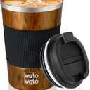 WETOWETO 12 oz Stainless Steel Insulated Tumbler, Travel Coffee Mug, Insulated Coffee Mug with Lid, Spill Proof Coffee Cup, Portable Thermal Mug, Reusable Cup for Hot and Cold (Woodgrain)