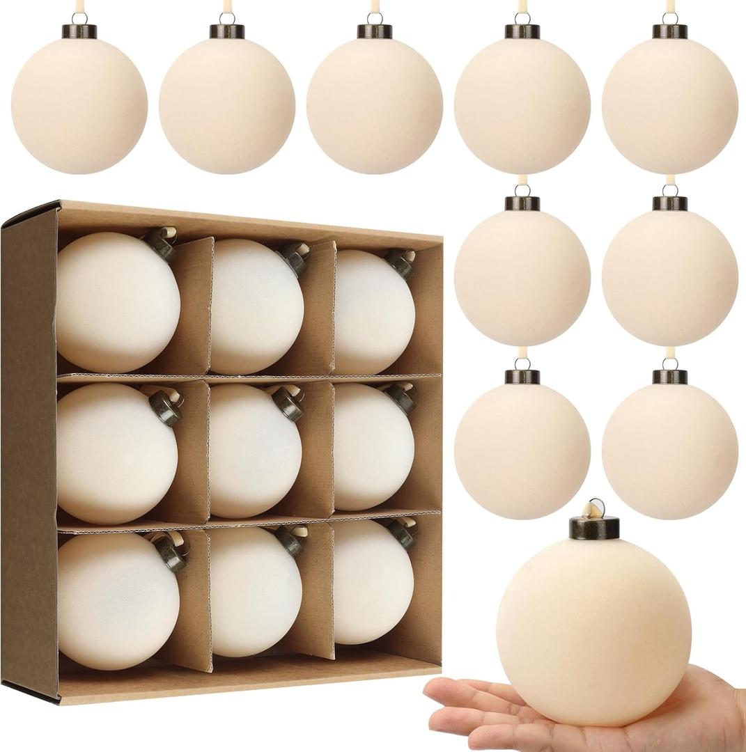 9 PCS Christmas Velvet Balls Flocked Xmas Tree Ball Ornaments Christmas Large Ball Set Xmas Tree Hanging Decoration 4 Inch, 6 Inch (Beiges, 4inch)