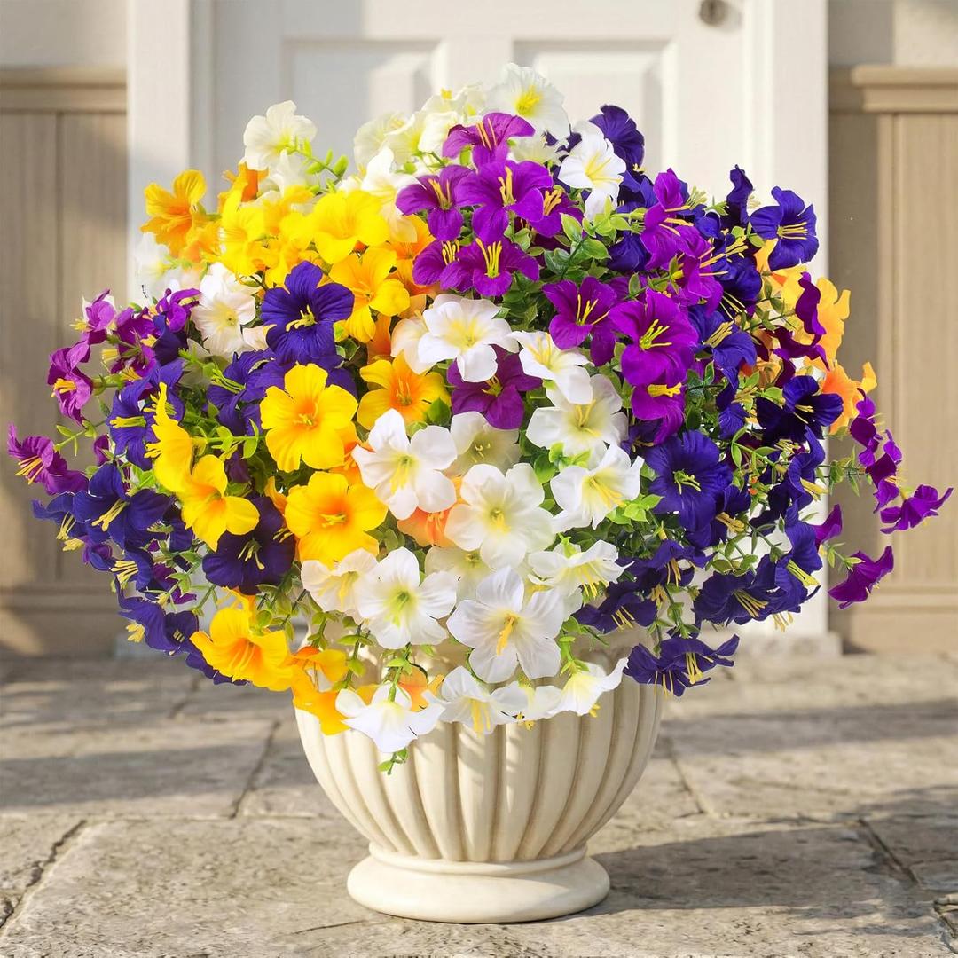 32 Pcs Faux Petunias Artificial Flowers For Outdoors, UV Resistant Fake Petunias Plants Realistic Silk Flowers for Porch Front Door Garden Window Outside Decor (32, White,Yellow,Purple,RedViolet)