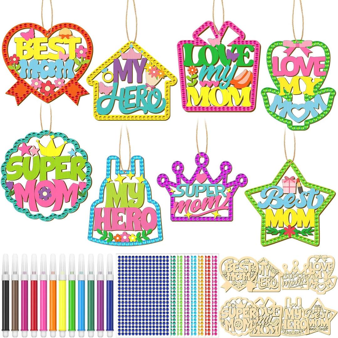 Wovnet 48 Pcs Mother's Day Craft Kits Make You Own Mother's Day Wood Craft Kit DIY Coloring Wooden Art and Crafts with Gem Stickers for Mom's Birthday Gifts Party Decoration Hanging Ornaments