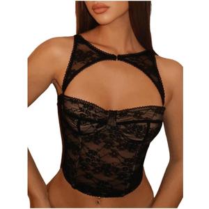 WDIRARA Women's Cut Out Lace Crop Bustier Corset Tank Top Sexy Going Out Party Club Tops (Medium, Black)