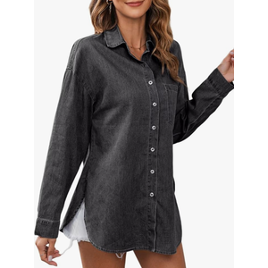 Astylish Women Lightweight Long Sleeve Button Down V Neck Denim Shaket Shirts Loose Blouse Top XS
