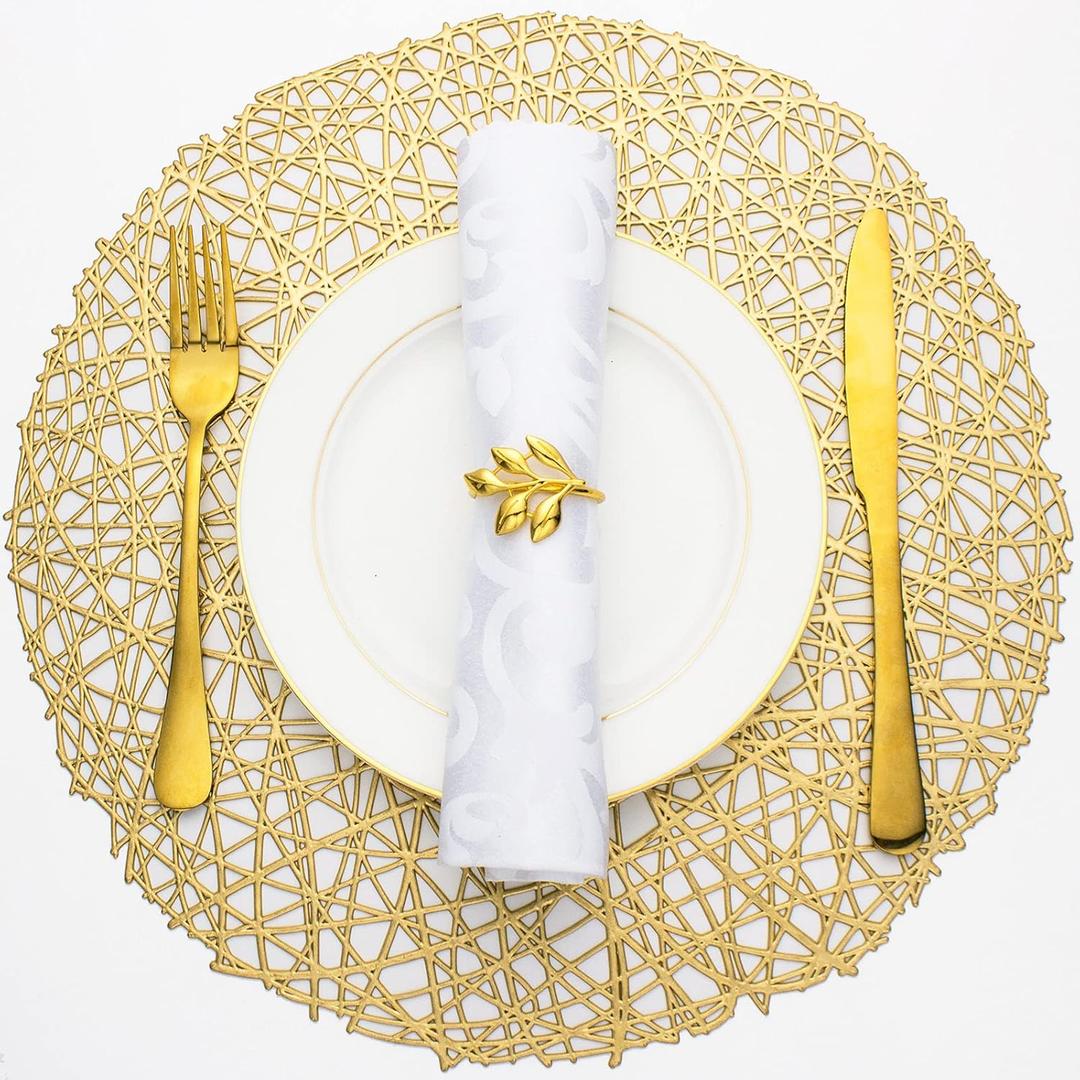 Evevda Gold Round Placemats for Dining Table Set of 6 Metallic Pressed Vinyl Circle Table Mats Wipeable Hollowout Place Mats for Table Decor Holiday Wedding Accent Centerpiece(Line, Gold)
