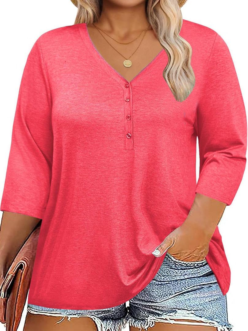 IRISGOD Womens Plus Size Tops V Neck 3/4 Sleeve Casual T Shirts Loose Plain Tunic Tees (XL)
