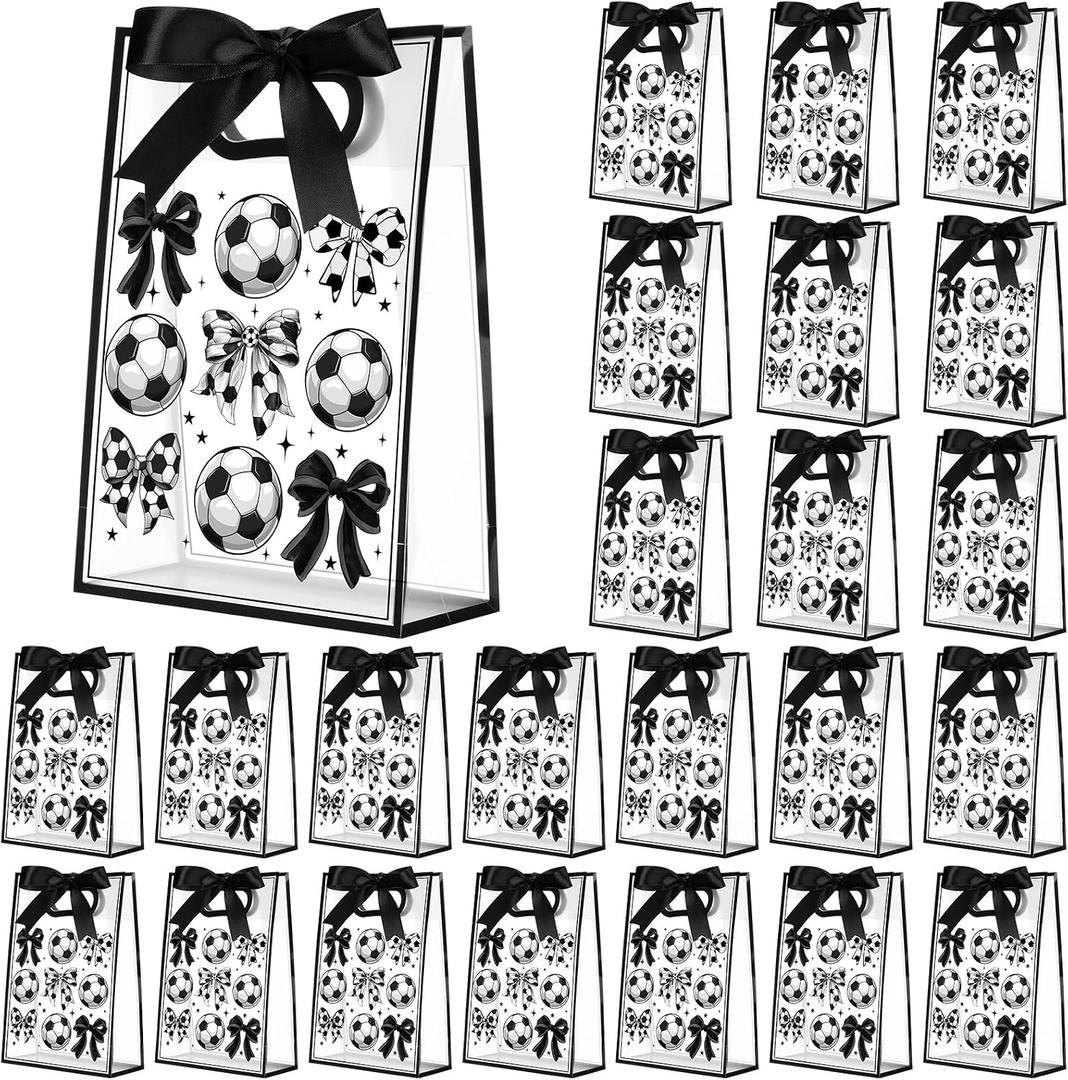 Sunnymove 36 Pcs Cheer Clear Plastic Gift Bags with Handles 10 x 7 x 3.1 Inch Reusable Clear Goodie Snack Treat Gift Bags with Ribbon for Cheerleader Teammates Sport Party Supplies (Soccer Bow)