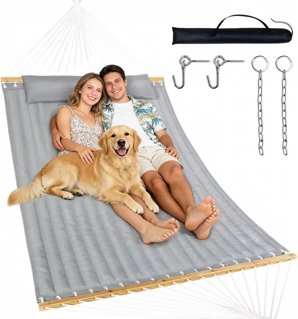 Everyfun 2 Person Quilted Hammock with Spreader Bar, 500lbs Capacity, Gray