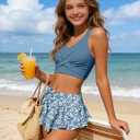 Qaoerde Girls Swimsuit 2 Piece Girls Tankini Criss Cross Swimsuit Tropical Print Ruffle Bottom Bathing Suits for Girls 13-14Y(Blue)