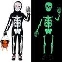 STOPKLAS Kids Skeleton Costume Glow in the Dark Halloween Skeleton Onesie Outfit for Boys Girls, Toddler Bone Jumpsuit with Pumpkin Candy Bag and Gloves for S