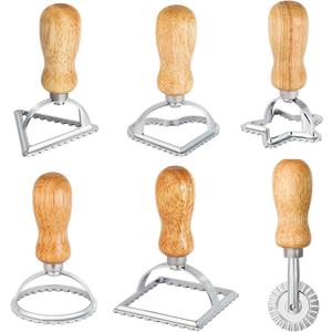 6PCS Ravioli Stamp Maker Cutter,Roller Wheel Included,Pasta Maker Mold with Wooden Handle and Fluted Edge,5 Different Shape Cutters,for Ravioli,Pasta,Dumplings Lasagna,Pierogi