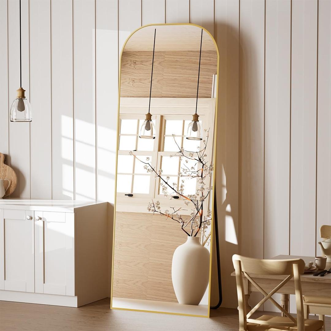 Koonmi Full Length Mirror, 56"x21" Mirror Full Length with Stand, Gold Domed Top Square-Edged Floor Mirror with Aluminum Alloy Frame for Bedroom Living Room