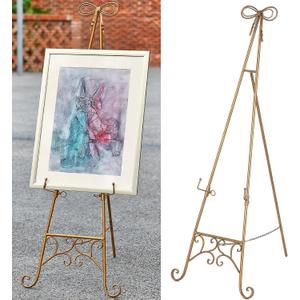 Metal Free Standing Adjustable Display Stand Easel with Chain Support, Gold Easel Stand for Sign with Bow Top, Heavy Duty Easel for Mirror, Sign, Wedding, Picture Frame.(No Installation Required)