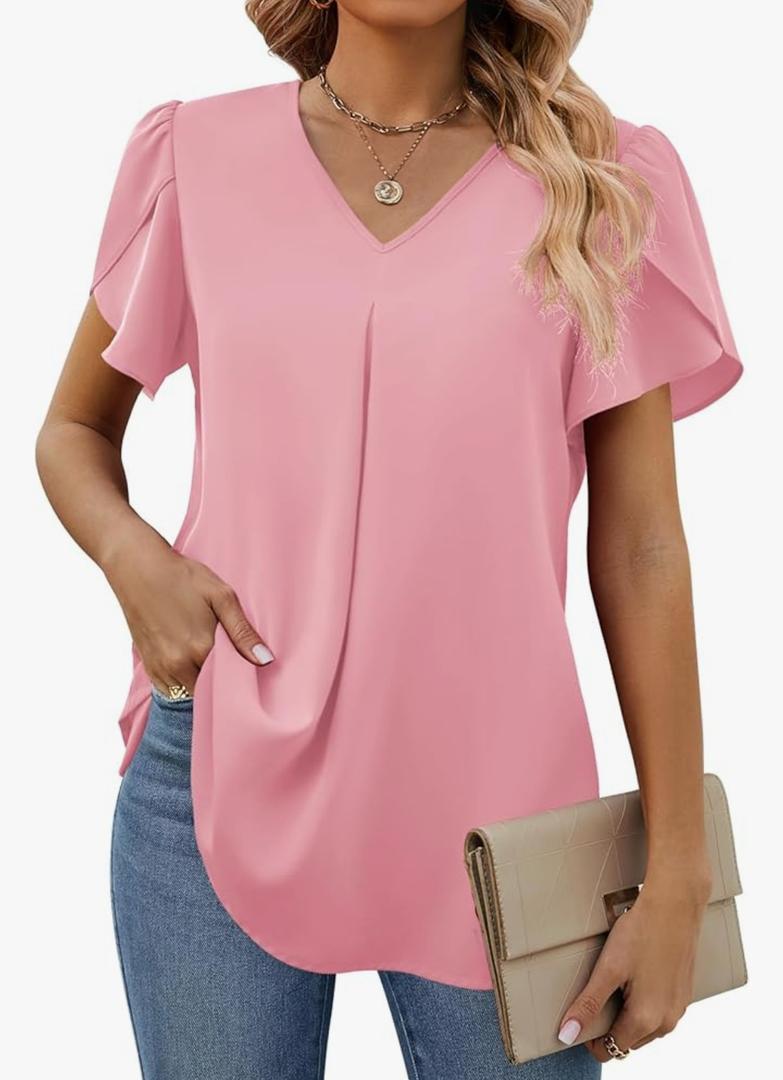 Funlingo Women's Summer Tops Short Sleeve Dressy Chiffon Blouses V Neck Work Tunic Tops Casual Loose T-Shirts S