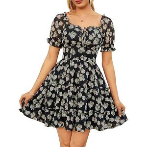 Scarlet Darkness Floral Corset Mini Dress Women Teen Summer Off Shoulder Dress Graduation Sundress with Pockets Black Beige L