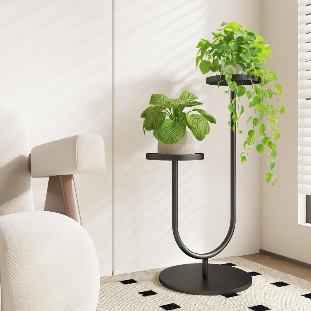 Bamworld Tall Plant Stand Indoor Modern Plant Stands for Indoor Plants 2 Pots Planter Holder Black Metal Plants Rack for Living Room Bedroom Decor