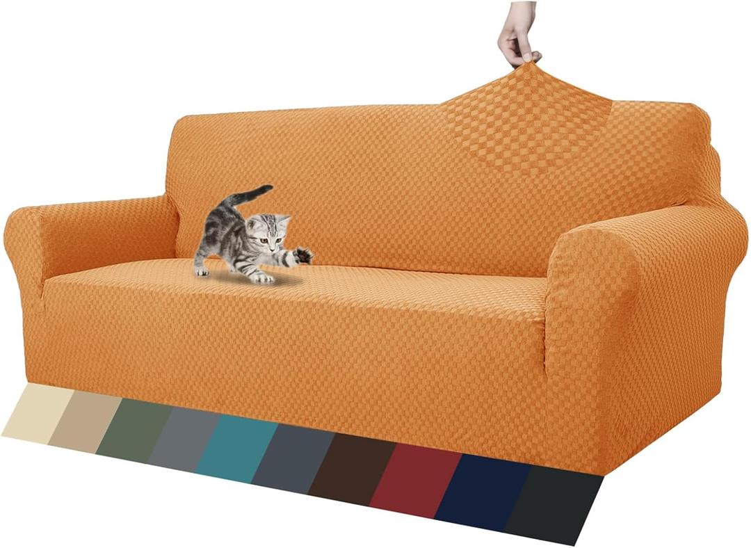ZNSAYOTX 1 Piece Jacquard Couch Covers for 3 Cushion Couch Living Room High Stretch Sofa Cover Pets Dogs Friendly Anti Slip Thickened Slipcovers Furniture Protector (Large, Orange)