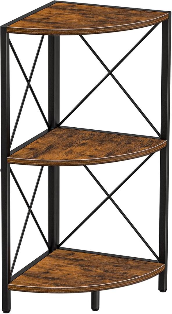 Snughome Corner Shelf with Metal Frame, 3 Tier Rustic Corner Storage Organizer, Freestanding Corner Bookshelf Stand Display Rack for Kitchen, Living Room