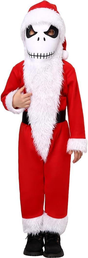 Skeleton Costume Kids Christmas Halloween Santa Costume with White Beard Red Hat Nightmare Party Before Props (X-Large)