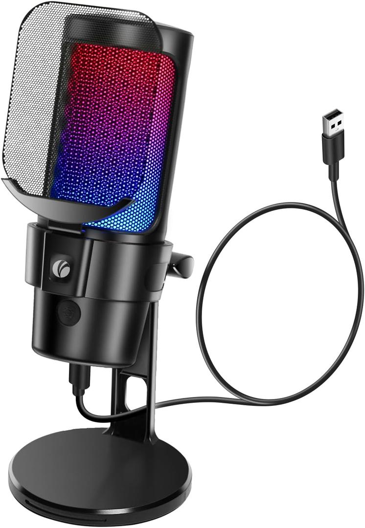 VCOM Gaming USB Microphone, Condenser Dynamic Mic for Podcasting, Streaming, with Quick Mute, Desktop Stand, Pop Filter, RGB Indicator, Shock Mount, Rotate gain Button, Compatible with PS4/5/PC