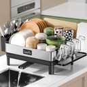 Dish Racks, Thicker Premium 304 Stainless Steel Dish Drying Rack for Kitchen Counter, Automatic Drainage Spout, Dish Drainer & Drainboard Set with Utensil Holder and Cup Holder, Black (1 Tier)