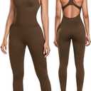 OLCHEE Womens Workout Jumpsuits Seamless Yoga Gym Bodycon Rompers Sexy Racerback Tummy Control Padded Bra Unitard - Brown Medium
