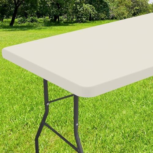 Smiry Rectangle Tablecloth, Elastic Fitted Flannel Backed Vinyl Tablecloths for 6ft Folding Tables, Waterproof Wipeable Table Covers for Indoor, Outdoor, Picnic and Camping (Beige, 36"x72")