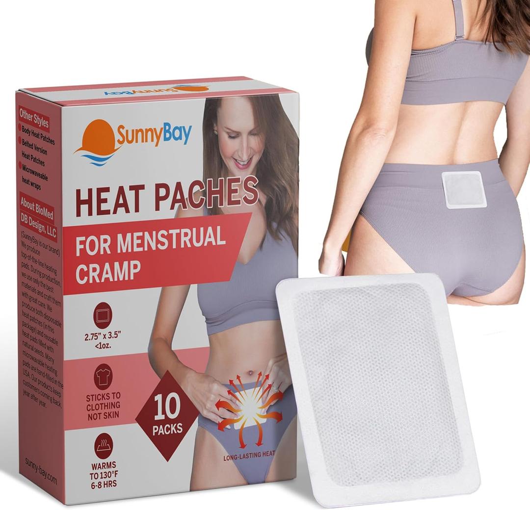 SunnyBay Heat Patches for Menstrual Cramp, Air-Activated Adhesive Heat Pads for Period, 130 F Warmth up to 8 Hours, Stick to Clothing Not Skin, 2.75 x3.5 inches, 10-Count