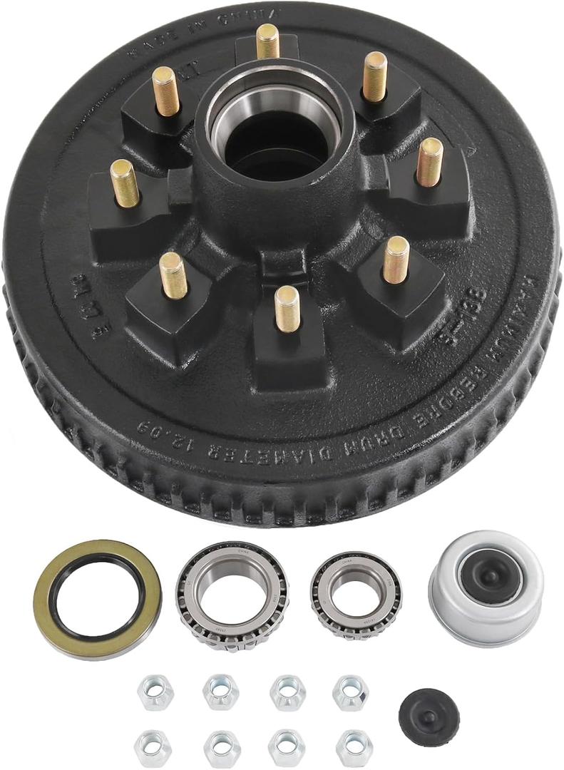 12"x 2" Trailer Brake Drum Kit 8 on 6.5" Replacement for 7000LBS Axle Hub Heavy Duty 8 Bolt Trailer Brake Hub Drum Assembly with 1/2"-20 Stud 25580, 14125A Drums 008-219-04-22004K