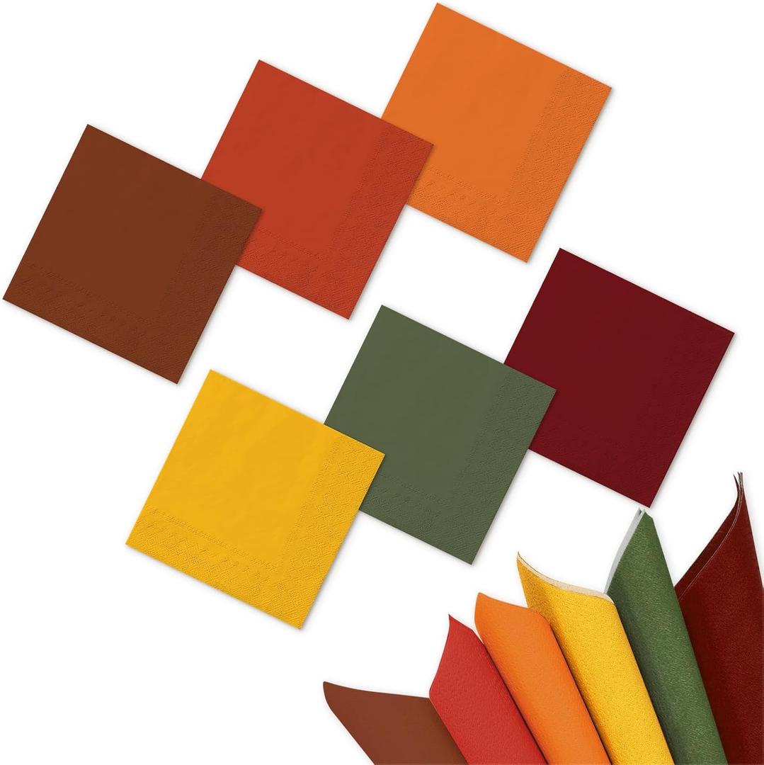 Whaline 120Pcs Fall Colors Cocktail Napkin Autumn Brown Orange Green Beverage Luncheon Paper Napkins 2 Ply for Thanksgiving Home Party Table Decor, 6 Colors (5x5 Inch)