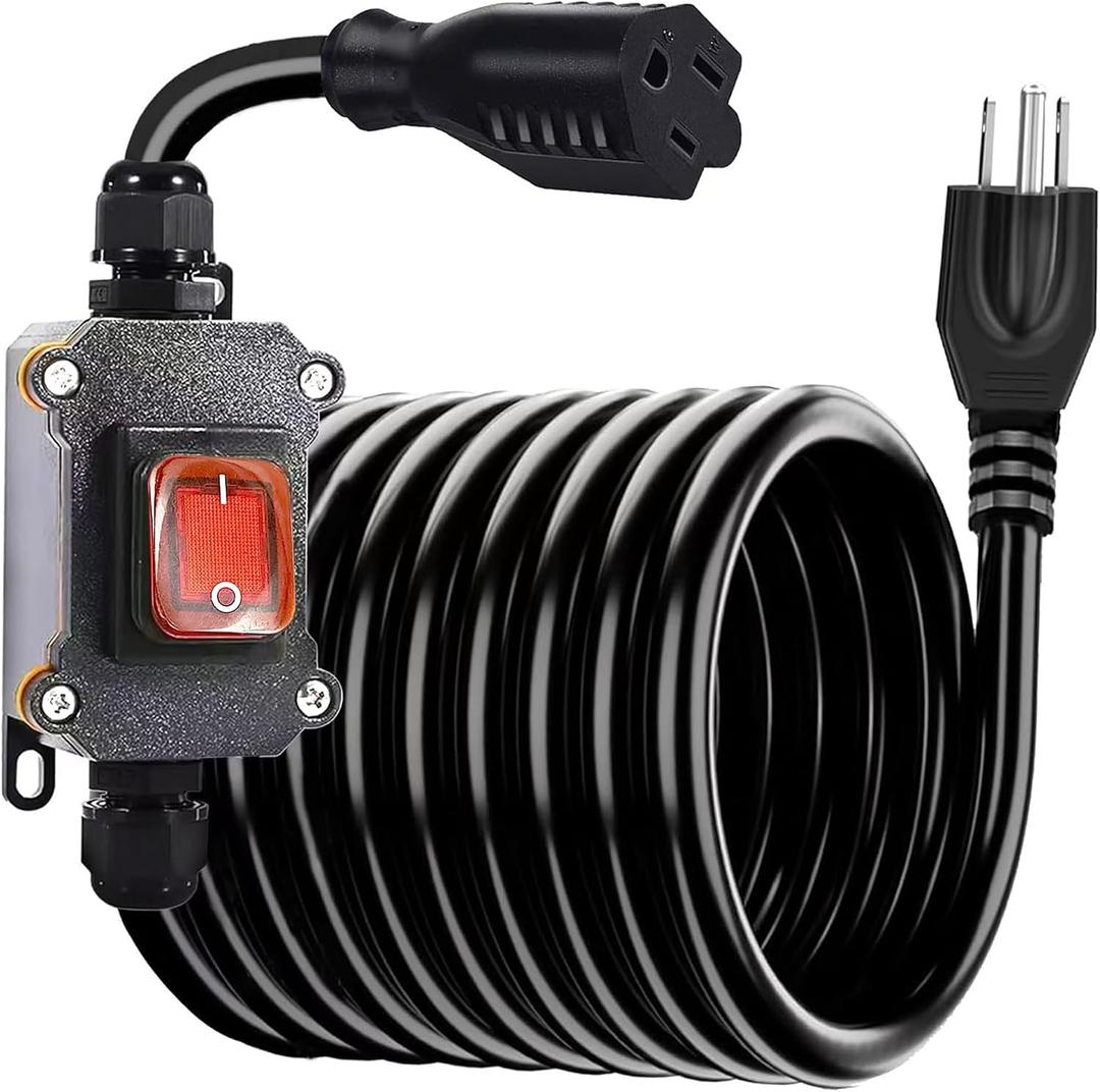 4.9ft Extension Cord with Waterproof Switch,14AWG 3 Pin Outdoor Heavy Duty AC 20A-125V,16A-250V Waterproof Lighting Extension Cord with Built in Red Switch Ground Receptacle 3 Plug