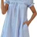 Women's Cute Babydoll Mini Dress Peter Pan Collar Ruffle Short Sleeve Pleated A Line Dresses 2026 Summer (Blue, L)
