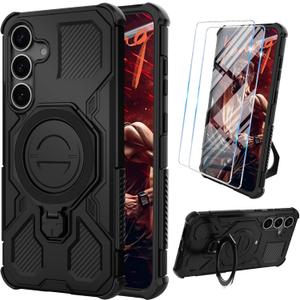 Vaki for Samsung Galaxy S25 Case with Tempered Glass Screen Protector, Heavy Duty Military Grade Shockproof Protective Cover 360 Ring Magnetic Kickstand Armor Cell Phone Case for Samsung S25 (Black)